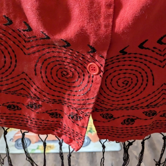 red fringe embroidered pants outfit geometric design button up shirt - Picture 9 of 11